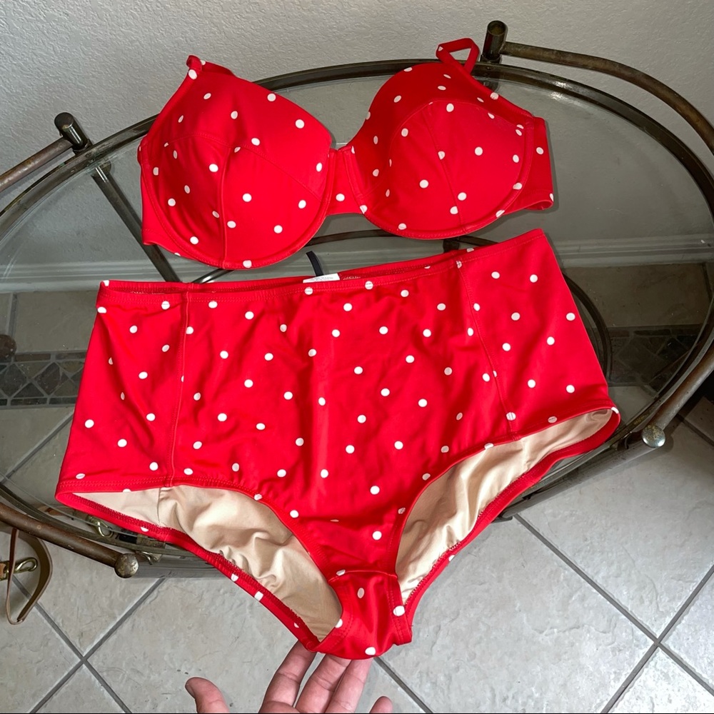 Red high waisted J crew swimsuit polka dot 38DD XL
